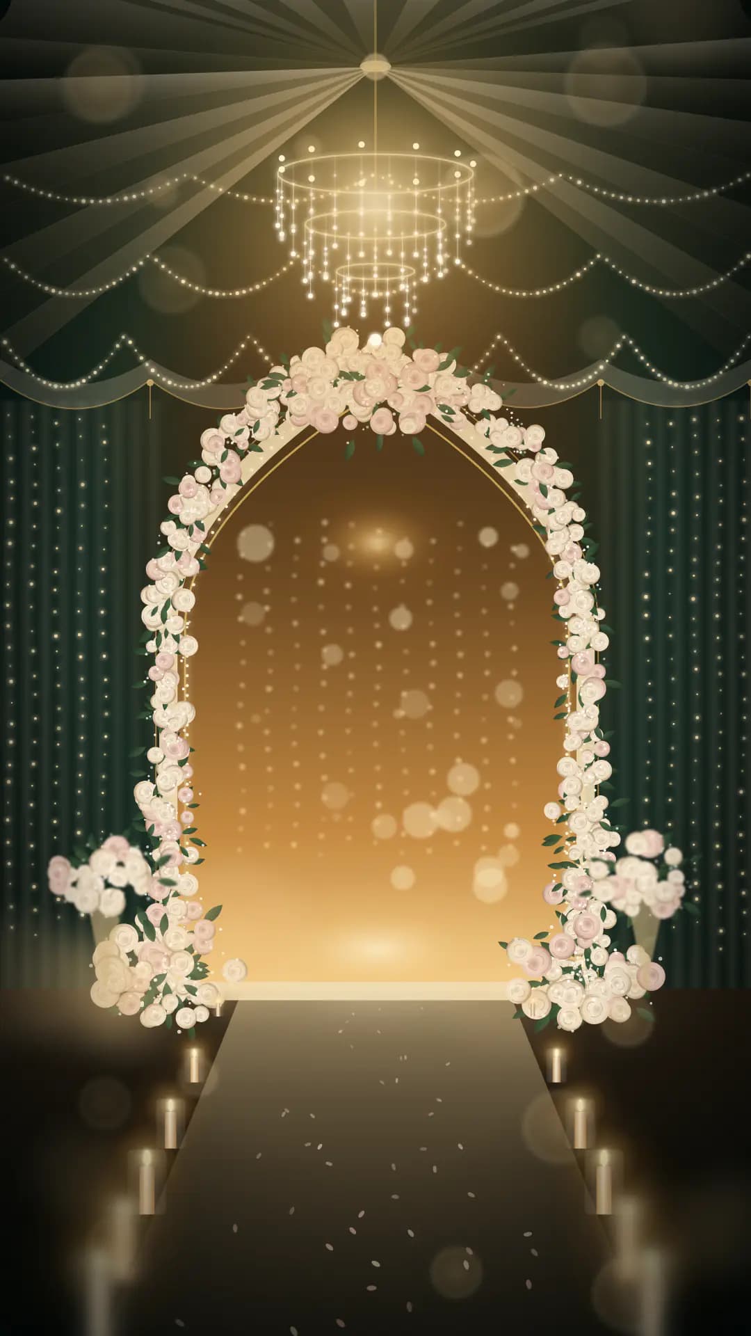 Illuminated night marquee entrance for the Walima Reception: crystal chandeliers, fairy lights and an ivory floral arch